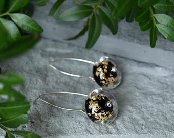 Murano Glass Earrings: Black & Gold Flakes, Handmade Silver Earwires