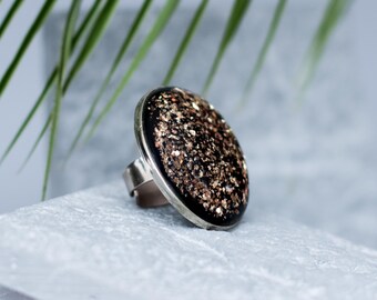 Black Lampwork Glass Ring: Gold Flake Geometric Statement
