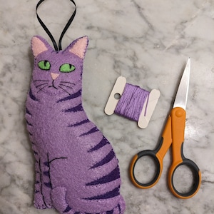 Hand Sewn Felt Tabby Cat Art Doll - Purple Striped Ornament