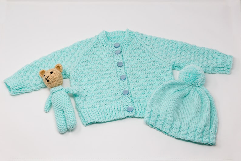 Mint Green Baby Cardigan hand knitted with matching hat and teddy for 6-9 months image 1