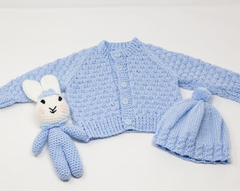 Baby Blue Hand Knitted Cardigan for 3-6 months old made with premium Aran Wool