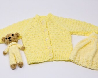 3-6 months baby hand made knitted cardigan hat and teddy gift set new baby