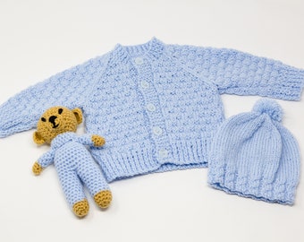 Handknitted baby blue cardigan with matching hat and teddy for 0-3 months