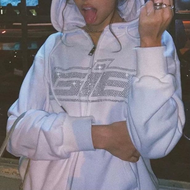 Loose Oversized ZipUp Y2K Hoodie with Rhinestone Lettering Etsy