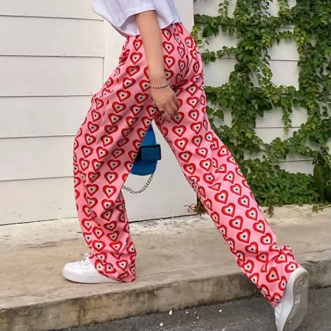 New Trending Pink Y2K Heart Printed High Waist Pants with | Etsy