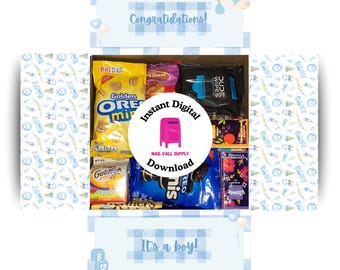 Caja de regalo imprimible con diseño de "Felicitaciones a un bebé varón", descarga instantánea, ideal para regalar a un militar, un despliegue, una mamá, un embarazo, una larga distancia o un amigo.