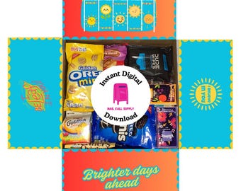 Decoración con solapa para caja de regalo imprimible de descarga instantánea con temática de días brillantes y sol, ideal para regalos militares, universitarios, de despliegue y de larga distancia.