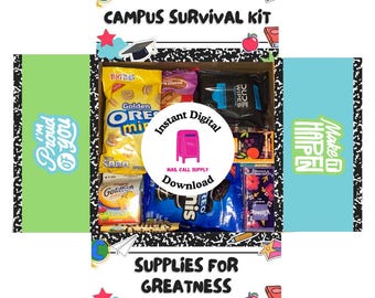 Kit de supervivencia universitario, descarga instantánea, imprimible, decoración para caja, regalos militares, universitarios, de despliegue y de larga distancia.