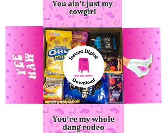 Decoración para caja de regalo imprimible con temática de vaquera rosa, descarga instantánea, ideal para militares, universitarios, despedidas de soltera, despliegues y largas distancias.