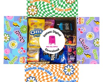 Decoración con solapa para caja de regalo imprimible de descarga instantánea con temática de regreso a clases, ideal para militares, universitarios, despliegues y viajes de larga distancia.