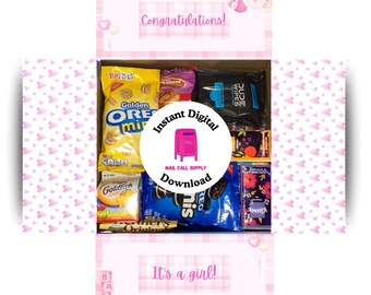Caja de regalo imprimible con diseño de "Felicitaciones a tu bebé niña", descarga instantánea, ideal para regalar a un militar, un despliegue, una mamá, un embarazo, una larga distancia o una amiga.