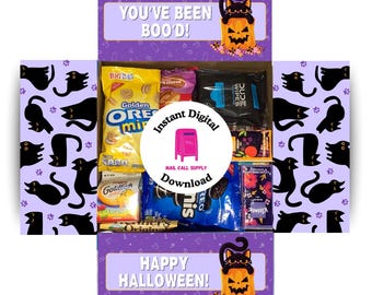 Caja de Halloween/Cat Boo morada, descarga instantánea, imprimible, con solapa, ideal para regalos militares, universitarios, de despliegue, de larga distancia o para amigos.