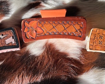 Custom tooled leather claw clips, leather hair clips