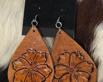 Custom handmade leather tooled flower earrings