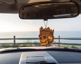 King Skull | Rustic Wood Car Charm, Rear View Mirror, Halloween Air Freshener, Car Dangler