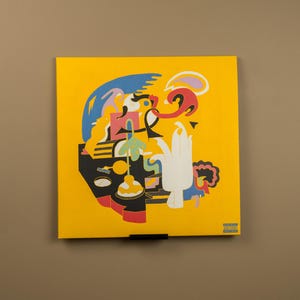 May include: A yellow album cover with an abstract design featuring a blue, white, and red figure on a black background. The album cover has the text "PARENTAL ADVISORY" in the bottom right corner.