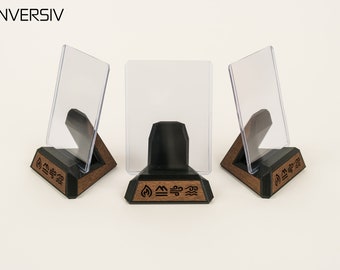 Handcrafted Premium Trading Card Display Stand | Minimalist Modern Design with Walnut Wood & Elemental Symbols | Refined Geometric Style
