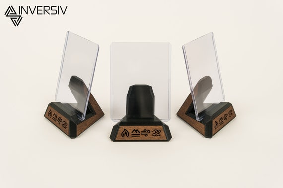 Handcrafted Premium Trading Card Display Stand | Minimalist Modern Design with Walnut Wood & Elemental Symbols | Refined Geometric Style