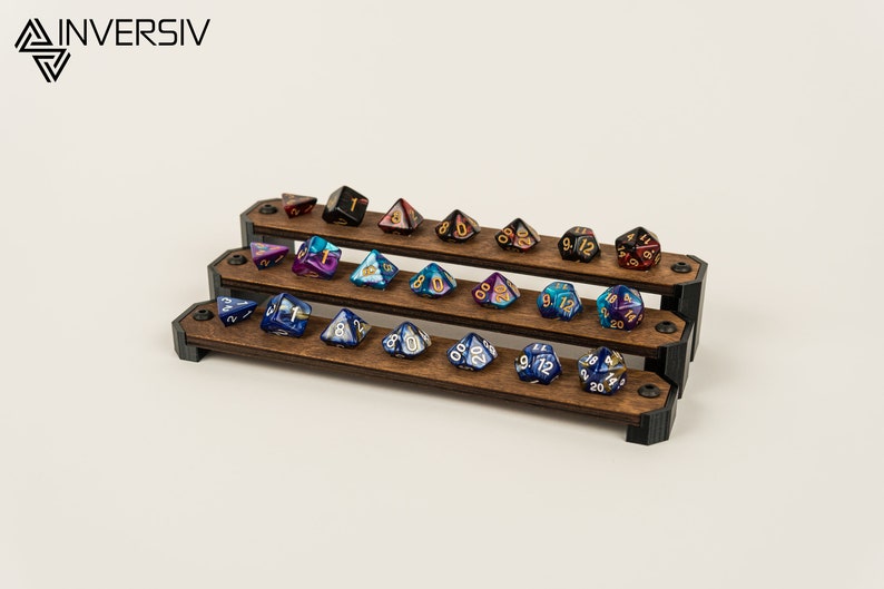Handcrafted Wooden Dice Display Stand | Minimalist Tabletop Holder for RPG Gaming Dice Sets | Multi-Level Organizer | 1, 2, or 3 Rows Three
