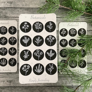 Minimalistische botanische bloemen en bladeren cirkel zwart-wit stickervel voor journaling, Bullet Journal, reisdagboek, planner