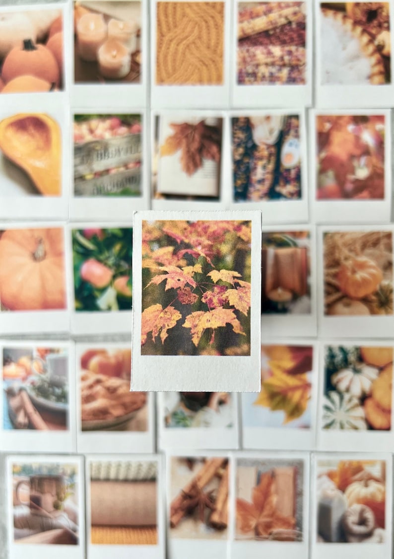 Collage containing 25 small polaroid style stickers. The photos on the stickers are Cozy Fall Themed.