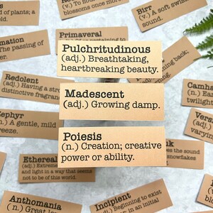 Spring inspired words with definitions in Kraft brown sticker paper strips.