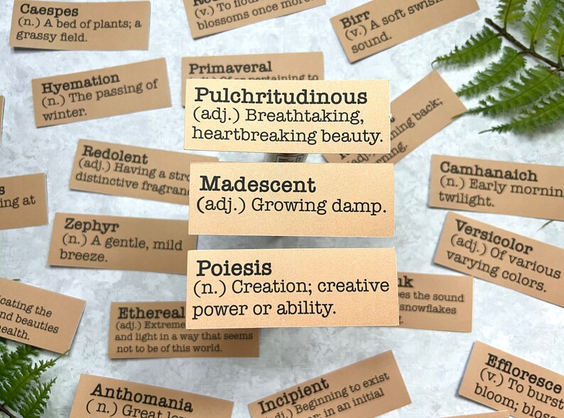 Spring inspired words with definitions in Kraft brown sticker paper strips.