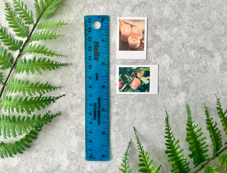 2 Cozy Fall themed polaroid style stickers next to a six inch blue ruler to show they are Width: 1.40 inches by Height: 1.75 inches. Pictures and ruler are on a light gray background with green fern leaves.