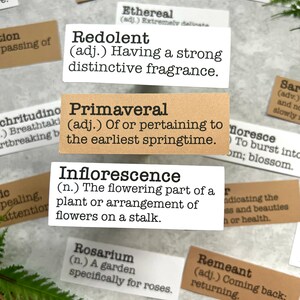 Spring inspired words with definitions in white and Kraft brown sticker paper strips.