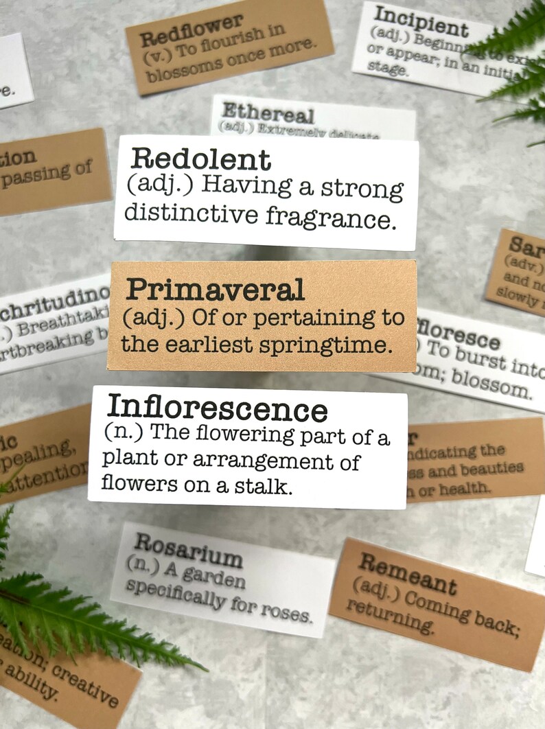 Spring inspired words with definitions in white and Kraft brown sticker paper strips.