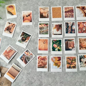 A slight slanted angle of 25 Cozy Fall themed polaroid style stickers on a light gray background with green fern leaves. On the bottom left corner there is a cello bag with a brown background where the photos get packed in to ship.