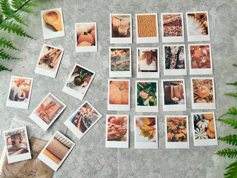 A slight slanted angle of 25 Cozy Fall themed polaroid style stickers on a light gray background with green fern leaves. On the bottom left corner there is a cello bag with a brown background where the photos get packed in to ship.