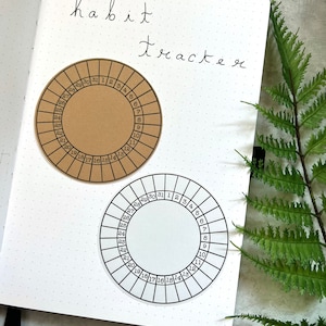 May include: Two habit tracker circles, one brown and one white, with numbers 1-31 around the edge. The text "habit tracker" is written above the circles.