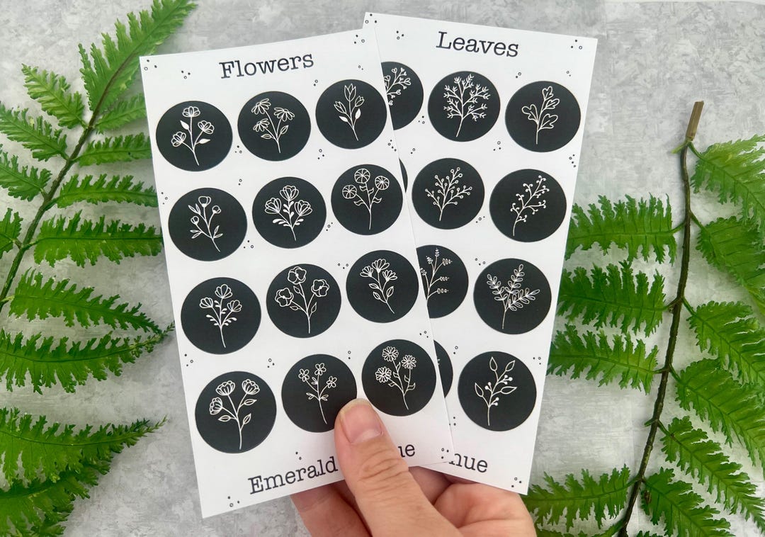 Black and White Botanical Sticker Sheet, Minimalist Flower & Leaf ...