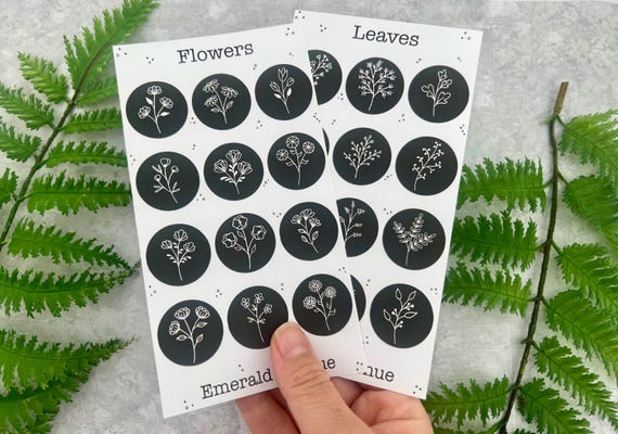Black and White Botanical Sticker Sheet, Minimalist Flower & Leaf Circle Decals for Journaling, Planner, Snail Mail, Scrapbooking