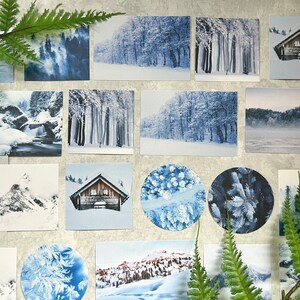 May include: A collection of wintery scenes featuring snowy forests, frozen lakes, and cozy cabins. The images are arranged on a light gray surface with a fern plant in the foreground.
