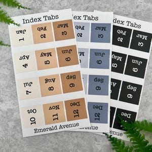 May include: Three sets of index tabs with months and numbers printed on them. The tabs are in neutral colors, including beige, gray, and black. The text "Index Tabs" is printed at the top of each set, and the text "Emerald Avenue" is printed at the bottom.
