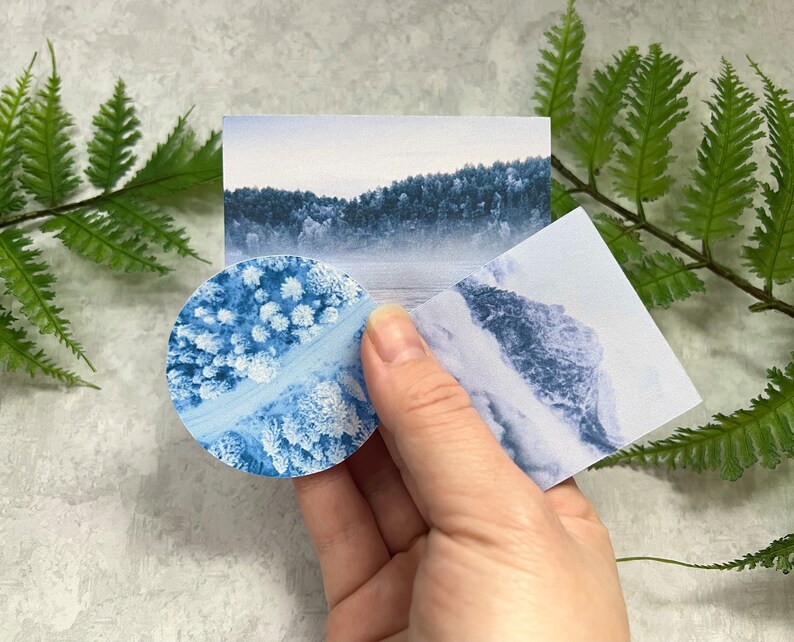 May include: Three blue and white patterned paper cards with different images of a snowy forest, a mountain range, and a forest from above. The cards are held in a hand.