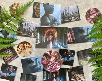 Puede incluir: Un surtido de artículos decorativos, que incluyen pequeñas impresiones rectangulares y posavasos circulares. Las impresiones presentan imágenes de interiores arquitectónicos, siluetas y arreglos florales. Frondas de helechos verdes enmarcan la disposición.