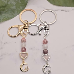 Rhodochrosite, Rose Quartz,Heart Charm, Moonstone & Strawberry Quartz purse charm