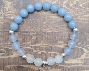 Angelite & Blue Chalcedony Bracelet: Sterling Silver Lotus Charm