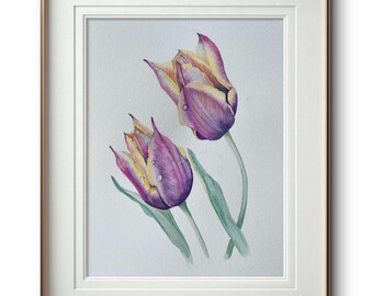 Original Tulips Watercolor – 9x12” Hand-Painted Floral Art – Not a Print – Comes with 11x14” Mat & Protective Sleeve – Botanical Home Dec