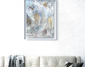Abstract Silver Leaves 18x24inches Blue Pastel Original Winter Interior Home Wall Decoration Not a Print Hand Made Accept Plaster