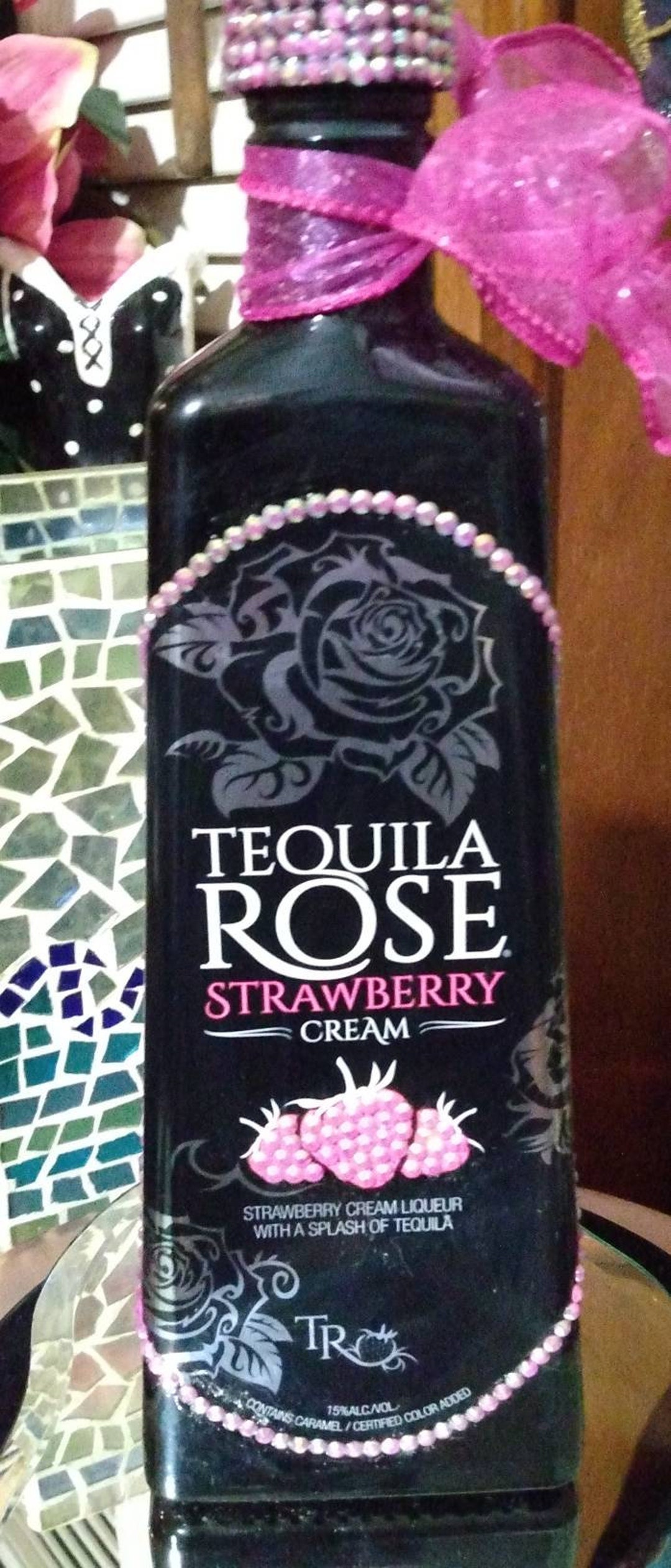 Handmade, Tequila Rose Liquor Bottle EMPTY, Pink Crystal Stones Etsy