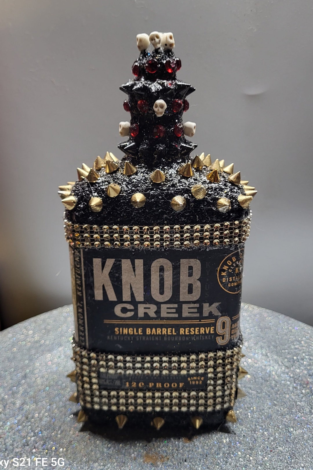 Handmade, Knob Creek Whiskey Bottle, Golden Embellishment Trim, Skulls
