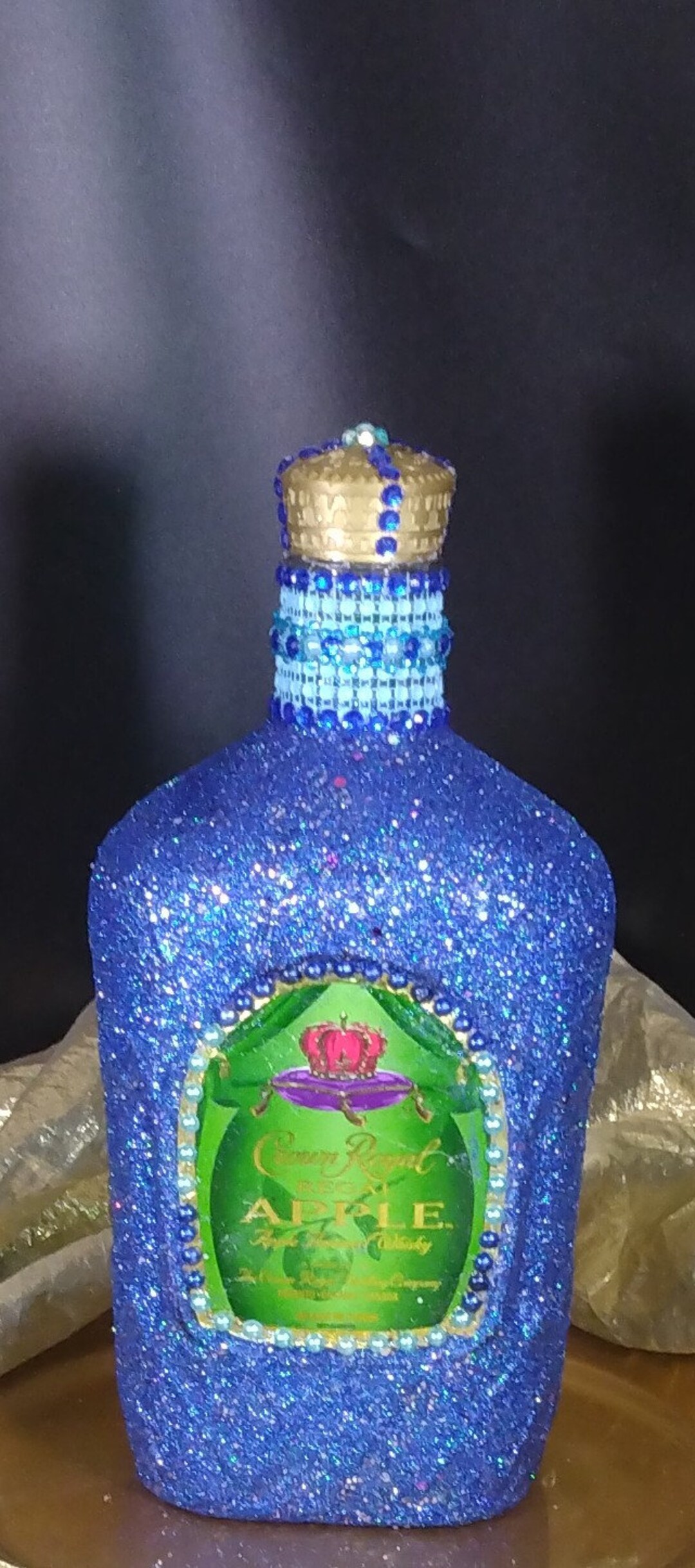 Handmade Crown Royal Apple Liquor Jug Blue W sealed Glitter