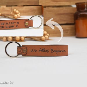 Portachiavi in pelle personalizzato "Dove tutto ebbe inizio" con le coordinate del luogo in cui ci siamo incontrati. Regalo per il partner, anniversario, matrimonio in pelle.