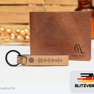 Set de regalo de billetera Crazy Horse de cuero genuino con monograma y llavero con canción musical personalizada