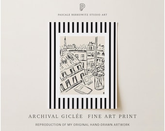 Impressão artística da Torre Eiffel: Ilustração de Paris sobre listras pretas e brancas.