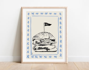 Burger Art Print, Giclée Fine Art Print of an Original Sketch Illustration, "Burger", Wall Art Decor, Food Art, Sketch Drawing Print